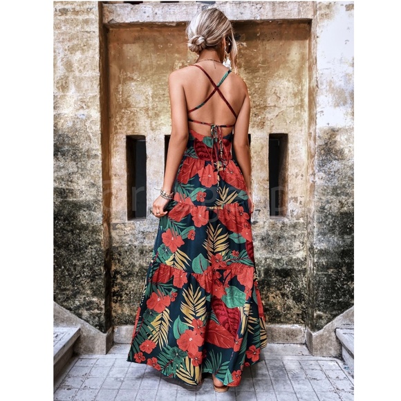 Tropical Maxi Dress Flared Open Back Criss Cross Ties Straps Red on Black - Picture 4 of 7